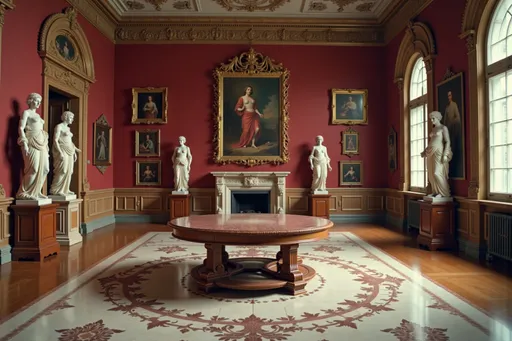 Prompt: @ECqXdOynvIMPB2kSaZxH Une grande galerie d'art se dévoile, caractérisée par ses murs rouges opulents ornés de cadres dorés, qui mettent en valeur de magnifiques tableaux, captivant le regard par la richesse de leurs récits historiques. Au centre, une table au design complexe contraste fortement avec le sol en marbre aux motifs élaborés, entourée de plusieurs élégantes sculptures de femmes ne portant aucun vêtement, exprimant la beauté et la grâce classiques. La pièce est baignée de lumière naturelle filtrant à travers des fenêtres ornées, mettant en valeur les détails complexes des œuvres d'art et le somptueux décor. L'atmosphère est celle d'un recueillement paisible, invitant le visiteur à s'imprégner de l'héritage artistique que cet espace incarne, mêlant harmonieusement la maîtrise de la peinture et de la sculpture dans une présentation harmonieuse de la culture et de l'histoire.