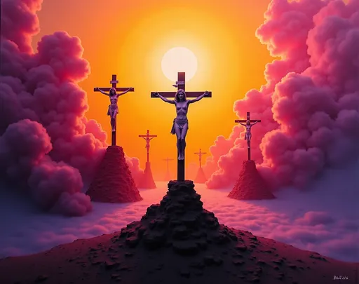 Prompt: @sOgZNUKmhQKEVR3C6PCK Des tourbillons vibrants de rose, de violet et de jaune dominent la toile, créant un paysage abstrait empreint de chaleur et d'énergie. Une crucifixion du Christ trône au centre, presque submergée par un nuage de couleurs onirique, entourée de formes verticales rappelant des mâts, qui s'arquent vers le ciel. Le coup de pinceau, audacieux et expressif, confère à la composition mouvement et profondeur, tandis que les jeux d'ombres et de lumières renforcent l'immersion. L'atmosphère générale est à l'exploration et à la tranquillité, invitant le spectateur à un univers à la fois fantaisiste et serein où nature et abstraction s'entremêlent harmonieusement. La signature en bas à droite apporte une touche personnelle à cette œuvre captivante, affirmant son authenticité artistique.