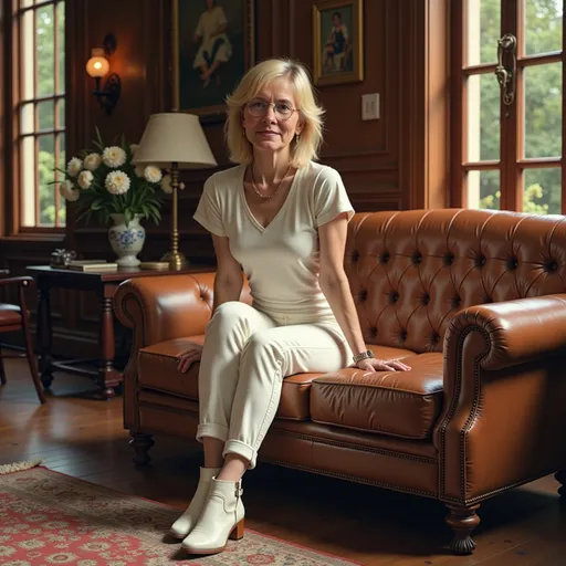 Prompt: @f5RBL1SWUqhDS8kasmWA An 18-year-old blonde woman with shoulder-length hair and a small chest sits gracefully on a vintage leather sofa in a luxurious, sun-drenched living room with elegant dark wood paneling and classic furniture.
She wears a casual white top, white pants, and white ankle boots.
Her face has a calm and serene expression.
Sunlight filters through large glass doors, casting soft shadows on the polished parquet floor and Persian rug.
A vase of flowers, a framed painting, and warm ambient lighting complete the refined and peaceful atmosphere.
Cinematic lighting, high realism, warm interior, 4K detail.
Full-length three-quarter view.