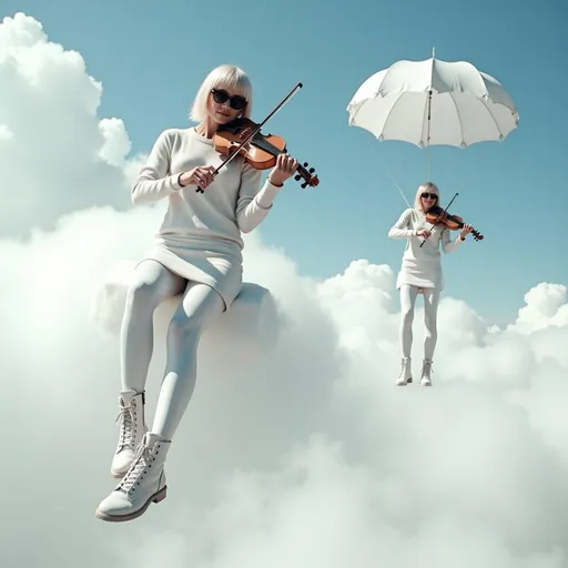 Prompt: @sOgZNUKmhQKEVR3C6PCK Une femme blonde au corps élancé et à la poitrine menue, vêtue d'une jupe blanche, d'un legging blanc, d'un sweater blanc, et chaussée de bottines blanches, jouant de la flûte, est assise sur nuage blanc dans le ciel azur. Un parachutiste vêtu de blanc et jouant du violon passe tout près de la femme blonde. Vibrant color scheme, intricate steampunk elements, white lighting, captivating ambiance, ultra-detailed, high quality, fashion, artistic flair. Style photographique. Full length three-quarter view.