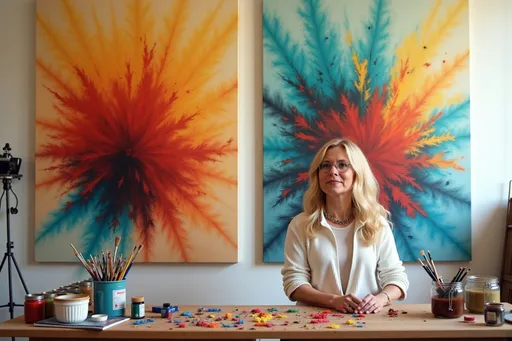 Prompt: Vibrant swathes of color burst across two large canvas panels, showcasing an abstract composition characterized by dynamic brushstrokes in shades of red, yellow, and turquoise. The interplay of hues creates a sense of movement, with transparent layers allowing glimpses of underlying textures, evoking a joyful and energetic atmosphere. Below the artwork, an array of paint containers and brushes hints at the artist’s process, while the clean, well-lit indoor space accentuates the boldness of the colors. The overall scene conveys a creative sanctuary filled with inspiration, inviting viewers to immerse themselves in the spirited narrative of the artwork. @MD11PzQyxLjSl87tc0Xs 