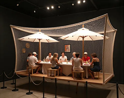 Prompt: This photograph captures a unique, artistic installation set in a dimly lit indoor space. The focal point is a suspended platform, encased in a large, intricate fishing net that appears to be floating in mid-air. The platform is adorned with two large, white, rectangular umbrellas providing shade. On the platform, a group of around ten people, mostly adults, are seated at a long, rectangular table covered with a white tablecloth. They are engaged in various activities, such as eating, drinking, and conversing. The people are dressed in casual, summer attire, including T-shirts, shorts, and hats, suggesting a relaxed, social gathering. The fishing net, which is the dominant texture in the image, is made of thick, white rope and is intricately woven, creating a pattern of diamond shapes. The platform itself is wooden, with a natural, unfinished texture. Surrounding the installation are black metal stanchions connected by ropes, forming a perimeter that keeps viewers at a distance. The background is mostly dark, emphasizing the illuminated platform and net. The overall style of the photograph is contemporary and artistic, with a focus on creating a surreal, immersive experience. The lighting is soft but focused, highlighting the platform and net while keeping the background in shadow. @v72c2Penucf70pkPY5GZ