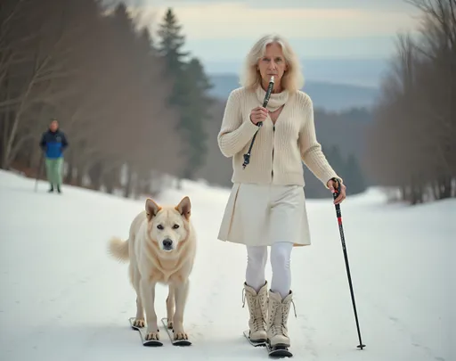 Prompt: @W91Z7CY5a1u8xXDPACLX Une jeune femme blonde au corps élancé et à la poitrine menu, vêtue d'une jupe blanche, d'un legging blanc, d'un sweater blanc, et chaussée de bottines blanches et de skis, jouant de la flûte, marche sur une piste de ski. La jeune femme blonde est accompagnée par un chien blanc chaussé de skis, sur la piste de ski enneigée. Vibrant color scheme, intricate steampunk elements, soft lighting, captivating ambiance, ultra-detailed, high quality, fashion, artistic flair. Style photographique. Full length three-quarter view.