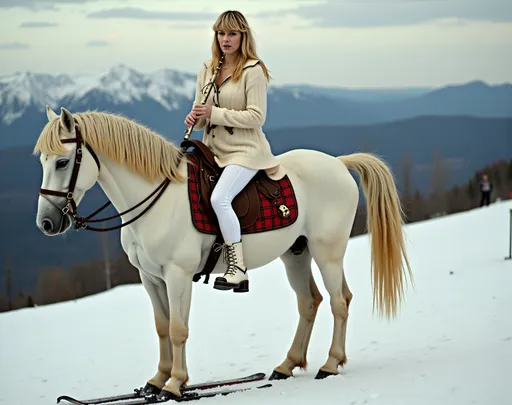 Prompt: @pYNRkz9dZxDqXA3wZvYN Une jeune femme blonde au corps élancé et à la poitrine menu, vêtue d'une jupe blanche, d'un legging blanc, d'un sweater blanc, et chaussée de bottines blanches, jouant de la flûte, chevauche un cheval blanc chaussé de skis, sur une piste de ski enneigée. 
Vibrant color scheme, intricate steampunk elements, soft lighting, captivating ambiance, ultra-detailed, high quality, fashion, artistic flair.
Style photographique. Full length three-quarter view.
