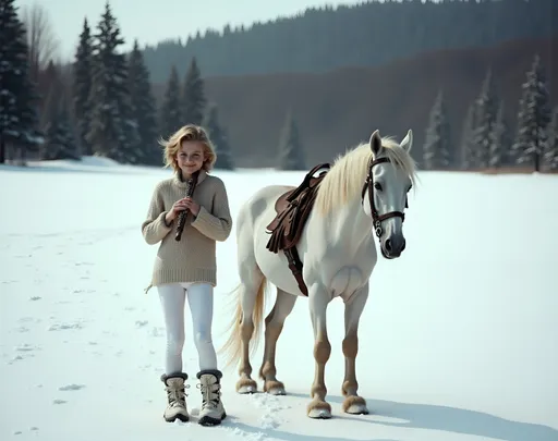 Prompt: @geQz6CN7apb7Ry2TXir0 Une jeune femme blonde au corps élancé et à la poitrine menu, vêtue d'une jupe blanche, d'un legging blanc, d'un sweater blanc, et chaussée de bottines blanches, jouant de la flûte, chevauche un cheval blanc chaussé de skis, sur une piste de ski enneigée. Vibrant color scheme, intricate steampunk elements, soft lighting, captivating ambiance, ultra-detailed, high quality, fashion, artistic flair. Style photographique. Full length three-quarter view.