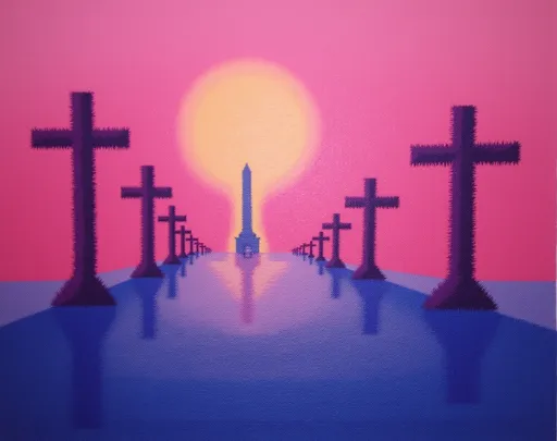 Prompt: @geQz6CN7apb7Ry2TXir0 Des tourbillons vibrants de rose, de violet et de jaune dominent la toile, créant un paysage abstrait empreint de chaleur et d'énergie. Une forme , semblable à une forme humaine fantomatique, trône au centre, presque submergée par un nuage de couleurs onirique, entourée de formes verticales rappelant des crucifixions du Christ, qui s'arquent vers le ciel. Le coup de pinceau, audacieux et expressif, confère à la composition mouvement et profondeur, tandis que les jeux d'ombres et de lumières renforcent l'immersion. L'atmosphère générale est à l'exploration et à la tranquillité, invitant le spectateur à un univers à la fois fantaisiste et serein où nature et abstraction s'entremêlent harmonieusement. La signature en bas à droite apporte une touche personnelle à cette œuvre captivante, affirmant son authenticité artistique.