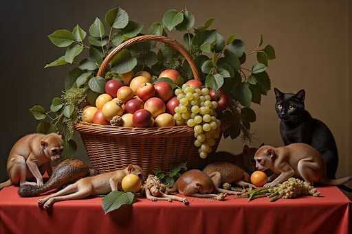 Prompt: On a richly colored red tablecloth, an opulent still life bursts with contrasting textures and forms, dominated by an abundant basket overflowing with vibrant fruits, including grapes and apples, entwined with lively green leaves. Scattered across the table are the remnants of a hunt, featuring a freshly skinned rabbit, a pheasant, and a variety of vegetables such as asparagus, showcasing both bounty and nature's cycle. Playful monkeys and curious squirrels traverse the scene; one mischievous monkey reaches for an apple, erratically enhancing the liveliness of the tableau, while a watchful black cat observes from the shadows. The background, painted in muted hues, draws attention to the dynamic interplay of light reflecting off the fruits and animals, evoking a sense of both abundance and transience in this intricately composed piece. @v72c2Penucf70pkPY5GZ 