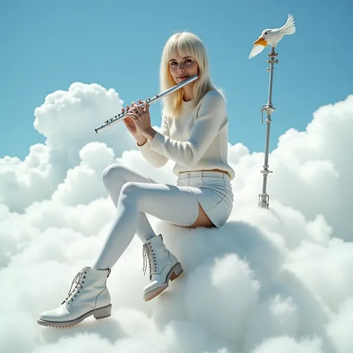 Prompt: @sOgZNUKmhQKEVR3C6PCK A blonde woman with a slender body and small bust size, wearing a white skirt, white leggings, a white sweater, and white ankle boots, playing the flute, sits on a white cloud in the azure sky. Vibrant color scheme, intricate steampunk elements, white lighting, captivating ambiance, ultra-detailed, high quality, fashionable, artistic flair. Photographic style. Full-length three-quarter view.