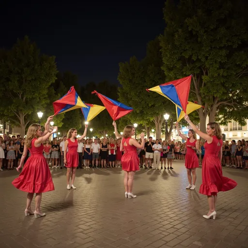 Prompt: @S8SqvLZ7GQGRap7DXz3P The image shows a group of people performing a dance in a square at night. The square is made of cobblestones and is surrounded by trees and buildings. In the background, there is a crowd of people watching the performance. The dancers are wearing traditional costumes and are holding colorful flags in their hands. The flags are in the shape of kites and are flying in the air. The sky is dark and the overall atmosphere is festive and lively.