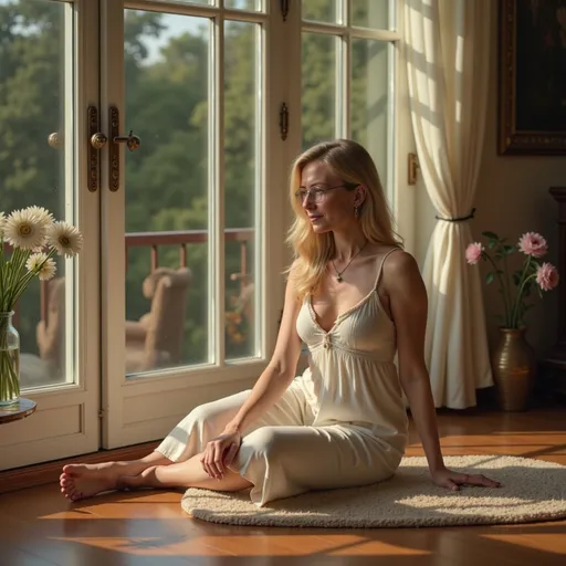 Prompt: @f5RBL1SWUqhDS8kasmWA Une jeune femme blonde de 18 ans, aux cheveux mi-longs et à la poitrine menue, estassise sur le sol, dans une cage en verre baignée de lumière. Elle porte une longue chemise de nuit blanche décontractée et elle est pieds nus. Son visage affiche une expression calme et sereine. La lumière du soleil filtre à travers de grandes portes vitrées, projetant des ombres douces sur le parquet ciré et le tapis persan. Un vase de fleurs, un tableau encadré et un éclairage d'ambiance chaleureux complètent l'atmosphère raffinée et paisible. Éclairage cinématographique, réalisme saisissant, intérieur chaleureux, détails 4K. Vue complète de trois quarts en pied.