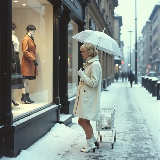 Prompt: full three-quarter front view of a young blonde woman with short hair wearing a white dress, a white coat, white gloves, white ankle boots, holding in her right hand an open white umbrella, holding in her left hand a white supermarket trolley. The young blonde woman is standing motionless in front of a clothing store window on the sidewalk of a very narrow, snowy cobblestone street. She is looking at the mannequins standing in the clothing store window. The sky is very cloudy.