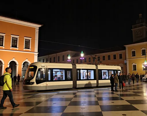 Prompt: This is a nighttime photograph of a bustling urban square illuminated by streetlights. The focal point is a modern tram with white and gray stripes, labeled "TRAM 3," which is parked on the left side of the image. The tram has large windows, through which blue and yellow lights are visible. The square features a large, checkered black and white tile pattern that reflects the streetlights' glow. In the foreground, a person wearing a bright yellow jacket and dark pants is walking from left to right, carrying a backpack. To the right, several other people are walking or standing, dressed in dark clothing. The background includes a historic, orange-brick building with white trim and arched windows on the left, and a row of illuminated lampposts with green and purple lights standing in a line in the center-right. Farther back, a clock tower with a dark roof is visible, adding to the historical ambiance. The sky is pitch black, contrasting with the bright lights and colors in the scene. The overall atmosphere is lively yet calm, capturing the intersection of modern and historical elements in an urban night setting. @v72c2Penucf70pkPY5GZ 