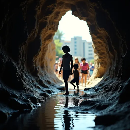 Prompt: @geQz6CN7apb7Ry2TXir0 Emerging from the shadowy arch of a rocky cave, a young girl in a white tank top and shorts stands by a shallow pool of water, her gaze focused on the colorful reflections shimmering on the surface. Sunlight filters into the cavern, illuminating the damp stone floor and creating a play of light and shadow. Behind her, a woman in a pink top, holding hands with a small boy, navigates the rocky path, while other children laugh and wander further into the cave’s entrance, their playful energy palpable. The scene captures a moment of exploration and connection with nature, framed by the intricate textures of the cave and the vibrant hues of the reflected buildings beyond.