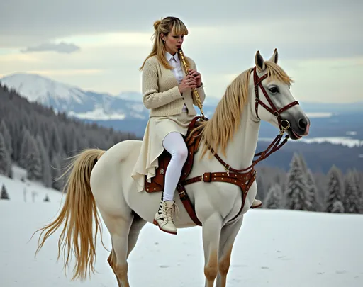 Prompt: @pYNRkz9dZxDqXA3wZvYN Une jeune femme blonde au corps élancé et à la poitrine menu, vêtue d'une jupe blanche, d'un legging blanc, d'un sweater blanc, et chaussée de bottines blanches, jouant de la flûte, chevauche un cheval blanc chaussé de skis, sur une piste de ski enneigée. 
Vibrant color scheme, intricate steampunk elements, soft lighting, captivating ambiance, ultra-detailed, high quality, fashion, artistic flair.
Style photographique. Full length three-quarter view.