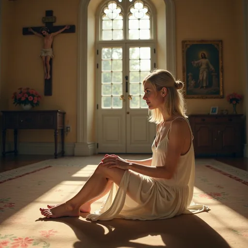 Prompt: @f5RBL1SWUqhDS8kasmWA Une jeune femme blonde de 18 ans, aux cheveux mi-longs et à la poitrine menue, est agenouillée sur le sol, en train de prier Dieu, dans une ancienne chapelle baignée de lumière, devant une Crucifixion. Elle porte une longue chemise de nuit blanche décontractée. et des bottines blanches. Son visage affiche une expression calme et sereine. 
La lumière du soleil filtre à travers de grandes portes vitrées, projetant des ombres douces sur le parquet ciré et le tapis persan. Un vase de fleurs, un tableau encadré et un éclairage d'ambiance chaleureux complètent l'atmosphère raffinée et paisible. Éclairage cinématographique, réalisme saisissant, intérieur chaleureux, détails 4K. Vue complète de trois quarts en pied.