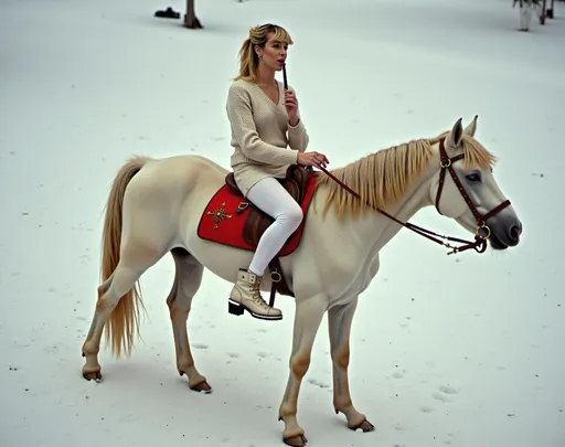 Prompt: @pYNRkz9dZxDqXA3wZvYN Une jeune femme blonde au corps élancé et à la poitrine menu, vêtue d'une jupe blanche, d'un legging blanc, d'un sweater blanc, et chaussée de bottines blanches, jouant de la flûte, chevauche un cheval blanc chaussé de skis, sur une piste de ski enneigée. 
Vibrant color scheme, intricate steampunk elements, soft lighting, captivating ambiance, ultra-detailed, high quality, fashion, artistic flair.
Style photographique. Full length three-quarter view.