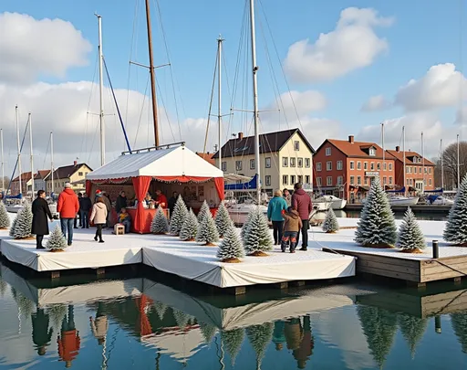 Prompt: @v72c2Penucf70pkPY5GZ This photograph captures a festive Christmas market set up on a floating dock in a marina. The dock is covered in a white sheet, and it is adorned with numerous small, snow-covered Christmas trees, creating a winter wonderland effect. A group of people, dressed in colorful winter clothing including coats, hats, and scarves, are gathered around a central area of the dock, likely engaging with vendors or browsing the market. The sky above is bright blue with scattered white clouds, adding to the cheerful atmosphere. In the background, there are tall masts of several sailboats, indicating the marina setting. Further back, there are buildings with red and beige facades, partially obscured by the trees. The water in the marina is a clear, reflective blue, mirroring the dock and boats. The overall scene is vibrant and festive, with a mix of natural and man-made elements creating a picturesque holiday setting. The photograph uses bright, natural colors and sharp details to convey a lively, festive atmosphere.