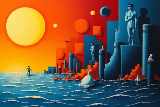Prompt: @geQz6CN7apb7Ry2TXir0 Des formes géométriques vibrantes, des formes humaines et des couleurs vives créent une composition dynamique et abstraite, évoquant humanité, modernité et complexité. La scène se déroule dans un paysage urbain stylisé, avec des bâtiments aux formes fragmentées, entrecoupés de cercles et de lignes audacieuses suggérant mouvement et énergie. Un soleil ou une lune éclatants projettent une lumière captivante sur la toile, tandis que des nuages sombres planent de manière menaçante, ajoutant profondeur et contraste à la luminosité générale. Le style artistique s'inspire du cubisme et du surréalisme, avec une palette de jaunes chauds, de rouges et de bleus plus froids qui se bousculent pour attirer l'attention de manière cohérente et chaotique. Cette œuvre captivante raconte à la fois la civilisation humaine et les forces sauvages de la nature, invitant le spectateur à explorer l'interaction entre humanité, structure et abstraction.