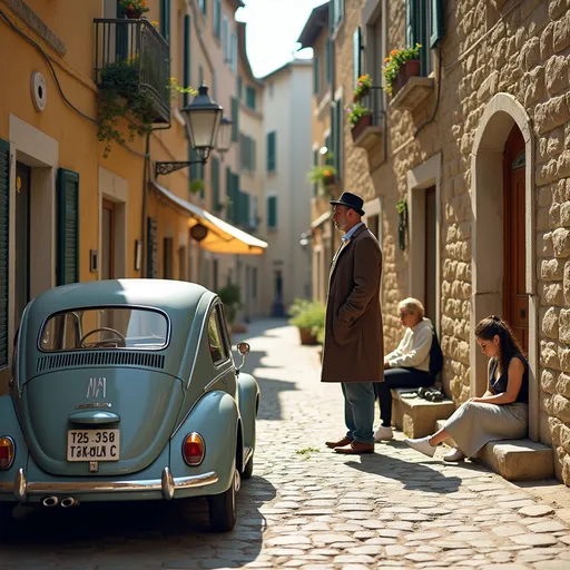Prompt: Worn stone buildings create a nostalgic backdrop in this quaint street scene, where sunlight bathes the cobblestone path. A vintage gray car, parked in the foreground, hints at a bygone era, its rounded shape and simple design adding charm to the view. A tall man in a brown overcoat and black hat stands casually in the street, exuding an air of contemplation as he observes his surroundings, while nearby, a young woman sits against a wall, absorbed in her own space. Colorful signs and flower-potted windows punctuate the scene, imbuing it with a lively yet serene atmosphere, reminiscent of a leisurely afternoon in a small Italian town. The overall composition captures a moment frozen in time, drawing the viewer into the peaceful rhythm of everyday life.