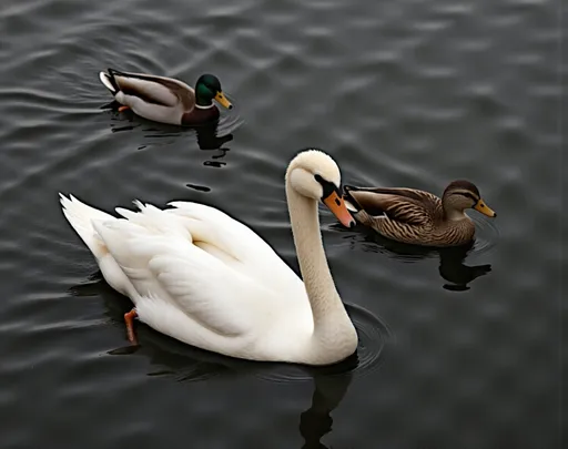 Prompt: @v72c2Penucf70pkPY5GZ This photograph captures a serene lakeside scene featuring three waterfowl. In the foreground, a majestic white swan with a long, elegant neck and black markings around its eyes and beak glides smoothly across the dark, rippling water. The swan's feathers are pristine and slightly ruffled, adding texture to its otherwise sleek appearance. To the right, two ducks swim close together. The leading duck is a male mallard, identifiable by its vibrant green head and yellow bill, while the second duck is a brown female mallard with mottled brown plumage. The water around them is dark and reflective, with gentle waves creating a sense of movement. The overall color palette is dominated by the dark water, contrasted by the white swan and the colorful mallards. The photograph is taken from an overhead perspective, providing a clear view of the birds and the water below. The natural light suggests an overcast day, with soft shadows and a calm atmosphere. The image focuses on the peaceful coexistence of different waterfowl species in their natural habitat.