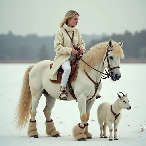 Prompt: @f5RBL1SWUqhDS8kasmWA Une jeune femme blonde à la poitrine menu, vêtue d'une jupe blanche, d'un legging blanc, d'un sweater blanc, et chaussée de bottines blanches, jouant de la trompette, chevauche un cheval blanc sur un nuage blanc. Une chèvre blanche regarde la jeune femme blonde jouer de la trompette. La chèvre blanche rit. Vibrant color scheme, intricate steampunk elements, soft lighting, captivating ambiance, ultra-detailed, high quality, fashion, artistic flair. Style photographique. Full length three-quarter view.