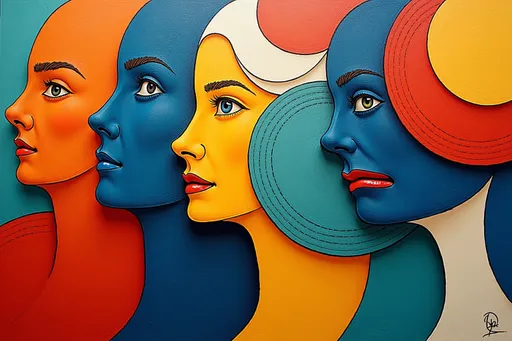 Prompt: @WzenDkg86ItECGlzhkyh Mannequins grandeur nature, peints de volutes complexes de bleu, rouge, jaune et vert, et formes géométriques colorées et lignes dynamiques convergent dans une composition abstraite, rayonnante d'énergie et de mouvement. Les teintes dominantes de rouge, bleu, jaune et vert interagissent avec des cercles ludiques et des angles vifs, créant une impression de rythme et de chaos. L'arrière-plan présente des textures douces, mêlant des tons pastel discrets qui contrastent avec les éléments plus vifs du premier plan.