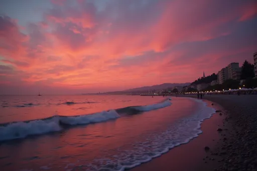 Prompt: Un coucher de soleil époustouflant enveloppe l'horizon, où des teintes vibrantes de rose et de violet zèbrent le ciel, se fondant harmonieusement dans des nuances plus profondes à mesure que l'obscurité s'installe. Les douces vagues caressent le rivage, leur mouvement rythmé reflétant le spectacle coloré qui les surplombe, tandis qu'une ligne lointaine de lumières de la ville scintille le long du littoral, suggérant une soirée paisible dans une station balnéaire. Se découpant sur ce décor spectaculaire, les douces collines sont parsemées de bâtiments, dont les contours sont adoucis par la lumière déclinante. Le paysage évoque une sensation de calme et de beauté sereine, capturant les instants fugaces du jour laissant place à la nuit. @MD11PzQyxLjSl87tc0Xs 