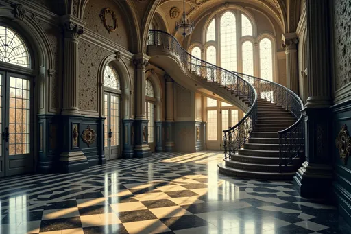 Prompt: An intricately designed grand staircase spirals upward, enveloped in a striking monochromatic palette of black, white, and shades of gray, reflected in the ornate patterns that dance across the walls and ceiling of this magnificent hall. The architecture features sweeping arches and columns, all meticulously detailed with swirling motifs that create a mesmerizing effect. Large arched windows allow warm golden light to filter through, casting intricate shadows and highlighting the glossy tiled floor, which alternates between bold checks. The atmosphere is both dramatic and inviting, evoking a sense of elegance and sophistication, while the intricate interplay of lines and shapes gives it a surreal, almost dreamlike quality. @ECqXdOynvIMPB2kSaZxH 