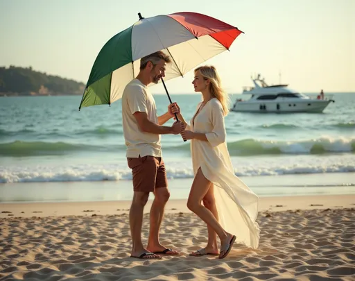 Prompt: @f5RBL1SWUqhDS8kasmWA Sous un parapluie vert, blanc et rouge, un couple se tient près l'un de l'autre sur une plage formée de galets, leurs fronts se touchant presque, dans un moment d'intimité. L'homme, un vieillard, aux cheveux gris, au T-shirt décontracté, au short marron et chaussé d'espadrilles marrons, tient le parapluie d'une main tandis que de l'autre, il tient délicatement la taille de la femme, blonde, au buste de petite taille. Elle porte une robe blanche éclatante et est chaussée d'espadrilles blanches, ses cheveux flottant en douces ondulations tandis qu'elle le regarde avec tendresse. En arrière-plan, la mer agitée et verdatre, un yacht blanc navigant au loin et le scintillement des galets évoquent une fin d'après-midi, avec une lumière douce qui renforce l'ambiance romantique. Cette scène capture un instant fugace d'amour et de complicité au milieu d'une fin de journée ensoleillée, évoquant une sensation de chaleur et d'intimité. Full length three-quarter view. Vue complète de trois quart en pied.