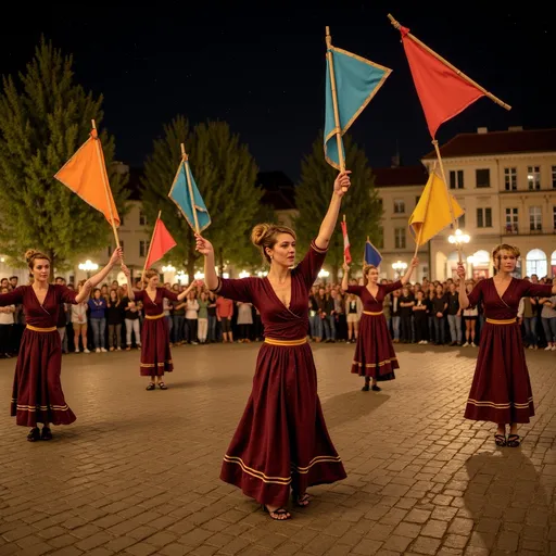 Prompt: @pYNRkz9dZxDqXA3wZvYN The image shows a group of people performing a dance in a square at night. The square is made of cobblestones and is surrounded by trees and buildings. In the background, there is a crowd of people watching the performance. The dancers are wearing traditional costumes and are holding colorful flags in their hands. The flags are in the shape of kites and are flying in the air. The sky is dark and the overall atmosphere is festive and lively.