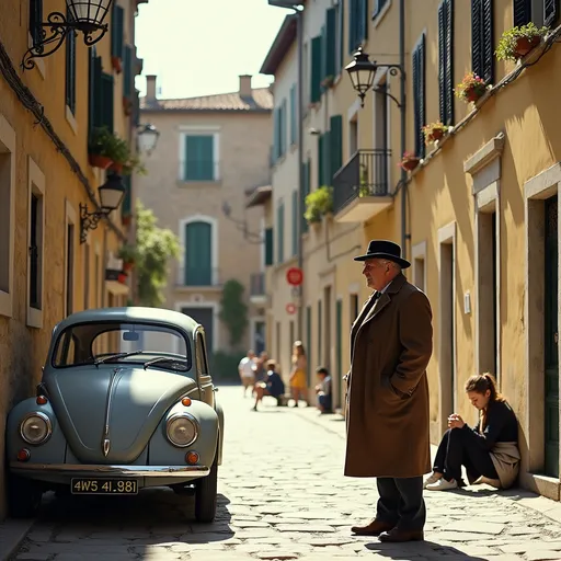 Prompt: Worn stone buildings create a nostalgic backdrop in this quaint street scene, where sunlight bathes the cobblestone path. A vintage gray car, parked in the foreground, hints at a bygone era, its rounded shape and simple design adding charm to the view. A tall man in a brown overcoat and black hat stands casually in the street, exuding an air of contemplation as he observes his surroundings, while nearby, a young woman sits against a wall, absorbed in her own space. Colorful signs and flower-potted windows punctuate the scene, imbuing it with a lively yet serene atmosphere, reminiscent of a leisurely afternoon in a small Italian town. The overall composition captures a moment frozen in time, drawing the viewer into the peaceful rhythm of everyday life.