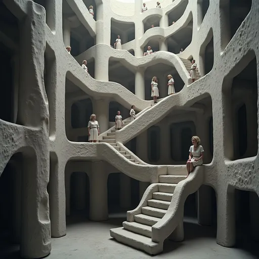 Prompt: @ECqXdOynvIMPB2kSaZxH Une scène complexe et surréaliste se déroule dans un labyrinthe d'escaliers et de plateformes, où la gravité semble se courber et se tordre. Des personnages sont disposés dans l'espace ; certains semblent franchir les escaliers avec détermination, tandis que d'autres sont assis, contemplatifs, semblant inconscients de l'architecture impossible qui les entoure. Les ombres contrastent fortement avec le travail des lignes, accentuant l'illusion de profondeur et de mouvement de cette œuvre monochrome. L'environnement est principalement composé de formes géométriques imbriquées, entraînant le regard du spectateur dans une exploration vertigineuse de la perspective et des dimensions. Cette composition complexe évoque l'émerveillement et la curiosité, invitant à la contemplation de la réalité et de la perception dans un monde défiant toute logique.