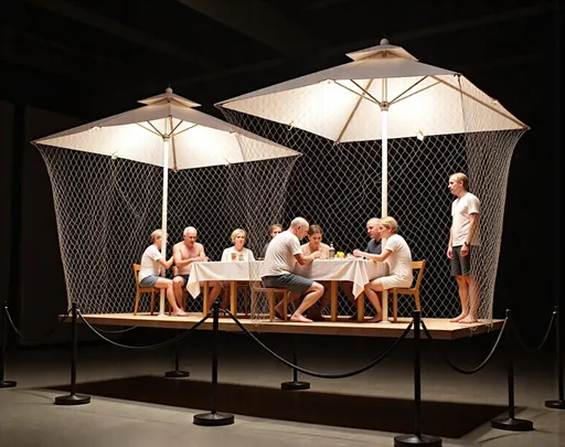 Prompt: This photograph captures a unique, artistic installation set in a dimly lit indoor space. The focal point is a suspended platform, encased in a large, intricate fishing net that appears to be floating in mid-air. The platform is adorned with two large, white, rectangular umbrellas providing shade. On the platform, a group of around ten people, mostly adults, are seated at a long, rectangular table covered with a white tablecloth. They are engaged in various activities, such as eating, drinking, and conversing. The people are dressed in casual, summer attire, including T-shirts, shorts, and hats, suggesting a relaxed, social gathering. The fishing net, which is the dominant texture in the image, is made of thick, white rope and is intricately woven, creating a pattern of diamond shapes. The platform itself is wooden, with a natural, unfinished texture. Surrounding the installation are black metal stanchions connected by ropes, forming a perimeter that keeps viewers at a distance. The background is mostly dark, emphasizing the illuminated platform and net. The overall style of the photograph is contemporary and artistic, with a focus on creating a surreal, immersive experience. The lighting is soft but focused, highlighting the platform and net while keeping the background in shadow. @v72c2Penucf70pkPY5GZ 