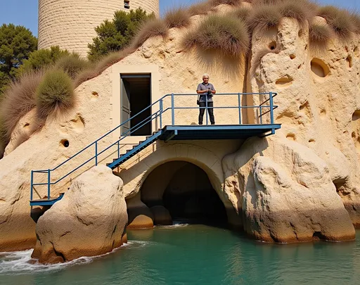 Prompt: @v72c2Penucf70pkPY5GZ This photograph captures a coastal scene featuring a rugged, rocky cliffside with a large, cylindrical stone building at the top. The building is constructed from beige, rectangular stones and has a textured, weathered appearance. Vegetation, including sparse green bushes and dry, brown vines, clings to the cliff's edge. 
In the midground, a blue metal platform extends from the cliff's base into the turquoise water below. The platform is supported by a metal railing and has a small, rectangular, black door on its left side. On the right side of the platform, there is a blue, metal staircase with a handrail, leading up to the cliff. A person, standing on the platform, is dressed in dark pants and a white shirt, and is holding a camera, seemingly taking a photograph or video.
The water in the foreground is clear and turquoise, with gentle waves lapping against the base of the cliff. The sunlight casts shadows, highlighting the textures of the rocks and the platform. The overall scene is bathed in warm, natural light, suggesting a sunny day. The photograph conveys a sense of isolation and natural beauty, with the human element adding a touch of activity.