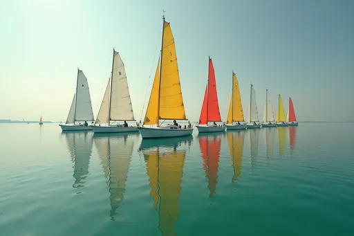 Prompt: @sOgZNUKmhQKEVR3C6PCK Baignée de teintes jaunes, bleues et rouges, cette scène paisible dévoile une série symétrique de mâts de voiliers s'élevant élégamment sur une surface d'eau verdâtresereine et transparente, reflétant parfaitement leurs formes, créant une fascinante illusion de profondeur. Des personnages colorés sont accrochés à ces mâts, parsemés à l'horizon, variant en hauteur et entrecoupés de fins cordages, tandis que quelques-uns arborent des touches colorées comme le rouge et le bleu, ajoutant une subtile vivacité à ce décor feutré. Le ciel, parsemé de délicats nuages, complète la quiétude ambiante de la lumière du petit matin ou de la fin d'après-midi. Cette composition sereine évoque le calme et l'introspection, invitant à la pause et à apprécier le silence de l'instant.