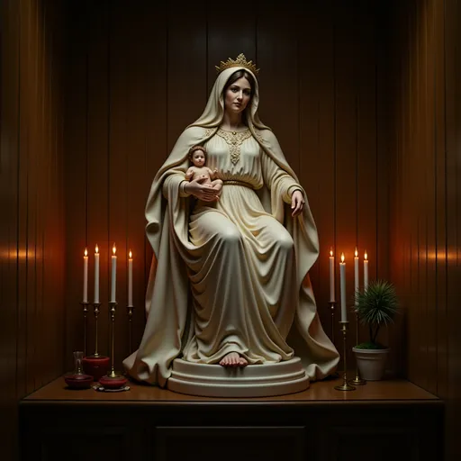Prompt: @rsf5TPFgdzPOyru4nduv In a dimly lit interior, a religious statue of the Madonna del Carmine dominates the scene, gracefully seated and adorned in an elaborate white gown with intricate lace details, accompanied by a small figure resembling a child held in her arm. The statue's serene expression, framed by a delicate crown and veil, evokes a sense of tranquility and reverence. Surrounding her, an altar displays a collection of candles, some flickering warmly, alongside offerings and a small plant that adds a touch of life to the composition. Soft light casts gentle shadows across the wooden walls, enhancing the sacred atmosphere of this intimate space, while the overall color palette remains muted and respectful, highlighting the statue's elegance and the solemnity of the setting. The altar signifies a moment of devotion, inviting reflection and connection for those who visit.
