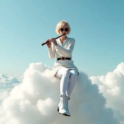 Prompt: @sOgZNUKmhQKEVR3C6PCK A blonde woman with a slender body and small bust size, wearing a white skirt, white leggings, a white sweater, and white ankle boots, playing the flute, sits on a white cloud in the azure sky. Vibrant color scheme, intricate steampunk elements, white lighting, captivating ambiance, ultra-detailed, high quality, fashionable, artistic flair. Photographic style. Full-length three-quarter view.