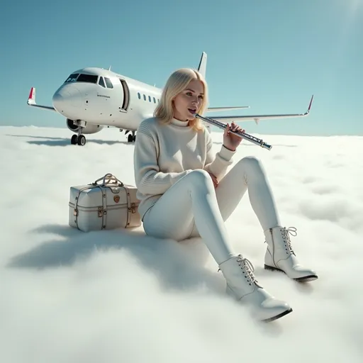 Prompt: @sOgZNUKmhQKEVR3C6PCK Une femme blonde au corps élancé et à la poitrine menue, vêtue d'une jupe blanche, d'un legging blanc, d'un sweater blanc, et chaussée de bottines blanches, jouant de la flûte, est assise sur nuage blanc dans le ciel azur.
Un avion de couleur blanche passe tout près de la femme blonde.
Vibrant color scheme, intricate steampunk elements, white lighting, captivating ambiance, ultra-detailed, high quality, fashion, artistic flair. Style photographique. Full length three-quarter view.