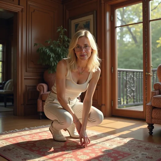 Prompt: @f5RBL1SWUqhDS8kasmWA An 18-year-old blonde woman with shoulder-length hair and a small bust size washes the floor in a luxurious sun-drenched living room with elegant dark wood paneling and classic furniture. She wears a casual white top, white pants, and white ankle boots. Her face has a calm and serene expression.
Sunlight filters through large glass doors, casting soft shadows on the polished parquet floor and Persian rug. A vase of flowers, a framed painting, and warm ambient lighting complete the refined and peaceful atmosphere. Cinematic lighting, high realism, warm interior, 4K detail. Full-length three-quarter view.