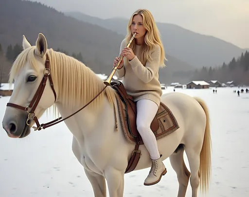 Prompt: @lBjMcvPbZCDxiQYI5UQc Une jeune femme blonde au corps élancé et à la poitrine menu, vêtue d'une jupe blanche, d'un legging blanc, d'un sweater blanc, et chaussée de bottines blanches, jouant de la flûte, chevauche un cheval blanc sur une piste de ski enneigée. 
Vibrant color scheme, intricate steampunk elements, soft lighting, captivating ambiance, ultra-detailed, high quality, fashion, artistic flair.
Style photographique. Full length three-quarter view.