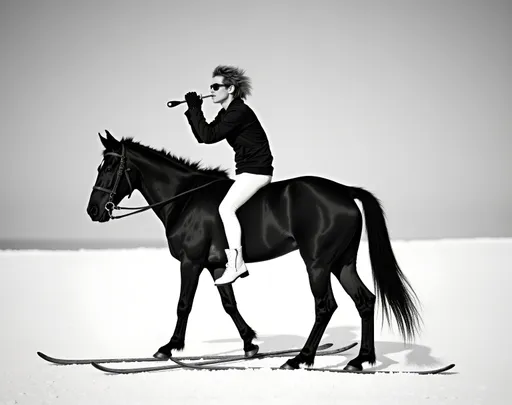 Prompt: @geQz6CN7apb7Ry2TXir0 Une jeune femme blonde au corps élancé et à la poitrine menu, vêtue d'une jupe blanche, d'un legging blanc, d'un sweater blanc, et chaussée de bottines blanches, jouant de la flûte, chevauche un cheval blanc chaussé de skis, sur une piste de ski enneigée. Vibrant color scheme, intricate steampunk elements, soft lighting, captivating ambiance, ultra-detailed, high quality, fashion, artistic flair. Style photographique. Full length three-quarter view.
