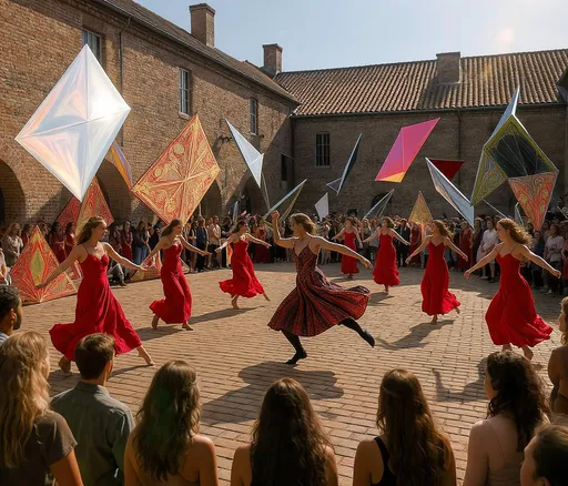 Prompt: In a lively outdoor setting, dynamic dancers perform amidst a backdrop of striking, angular art installations that reflect vibrant colors and intricate designs. The brick courtyard, bathed in warm sunlight, showcases a historic atmosphere, with spectators encircling the performance, their attention clearly captured by the movement and energy on display. Among the dancers, one individual stands out, gracefully executing expressive motions, while others in elegant red dresses add to the visual spectacle. The scene conveys a fusion of art and performance, creating a captivating narrative of creativity and cultural expression.