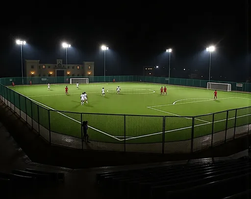 Prompt: @v72c2Penucf70pkPY5GZ This photograph captures a nighttime outdoor soccer field illuminated by bright, white floodlights. The field is surrounded by a dark, enclosed fence with a green mesh, providing a secure and enclosed playing area. The field itself is marked with standard white lines indicating the soccer pitch, with a goalpost at the far end. In the center of the field, a player in white soccer attire is dribbling the ball, while several other players in red and white uniforms are scattered across the field, engaged in the game. The players' uniforms are brightly colored, contrasting with the green of the field and the dark surroundings. 
In the background, there is a building with a warm yellow-orange glow from the windows, suggesting indoor lighting. Above the goalpost, a large banner with white text is visible, though the text is not legible. The field is elevated, with a set of dark, empty bleachers in the foreground, partially shadowed. The overall atmosphere is one of focused activity amidst a calm, nighttime setting. The photograph uses a high-contrast style, emphasizing the bright field against the dark surroundings, creating a vivid and dynamic scene.