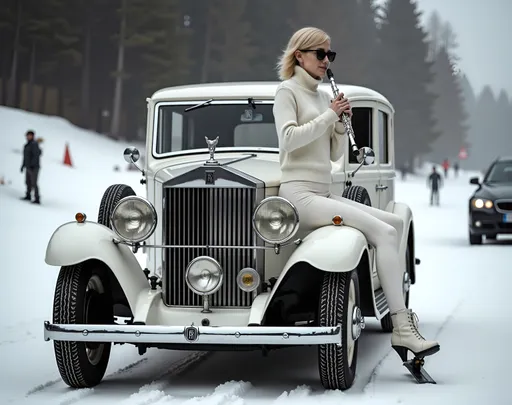Prompt: @sOgZNUKmhQKEVR3C6PCK Une femme blonde au corps élancé et à la poitrine menue, vêtue d'une jupe blanche, d'un legging blanc, d'un sweater blanc, et chaussée de bottines blanches, jouant de la flûte, est assise sur le capot d'une Rolls Royce blanche des années 1930 chaussée de skis, sur une piste de ski enneigée. 
Vibrant color scheme, intricate steampunk elements, white lighting, captivating ambiance, ultra-detailed, high quality, fashion, artistic flair. Style photographique. Full length three-quarter view.