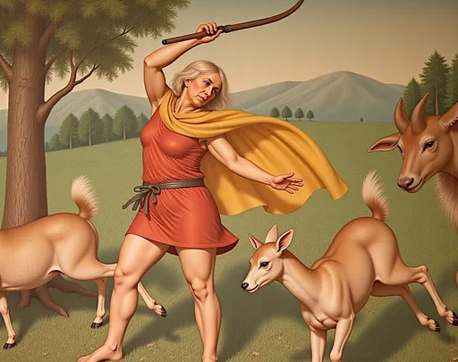 Prompt: A dynamic scene unfolds with a figure resembling a hunter adorned in a red tunic and a flowing yellow cape, exuding a sense of action and purpose as he holds a hunting tool aloft. To his side, a graceful deer leaps, its body captured mid-motion, embodying the tension of the chase, while another deer appears to be cautiously retreating. The lush backdrop, indicated by green foliage and a verdant landscape, suggests an outdoor setting, vividly portraying the natural world. The colors, though showing signs of age, remain vibrant, creating an engaging contrast against the textured surface of the fresco, enhancing its historical significance and evoking a sense of adventure and the primordial connection between man and nature. @v72c2Penucf70pkPY5GZ 