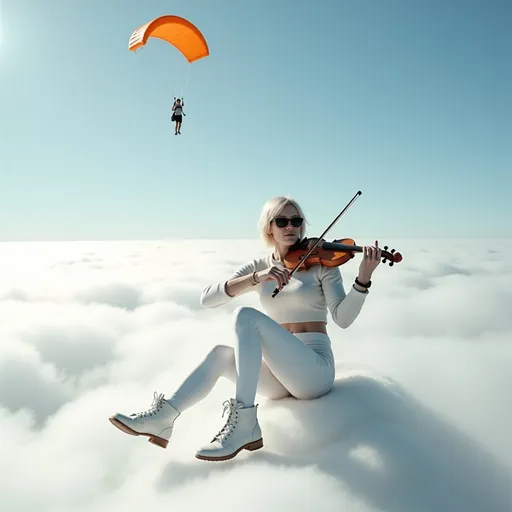 Prompt: @sOgZNUKmhQKEVR3C6PCK Une femme blonde au corps élancé et à la poitrine menue, vêtue d'une jupe blanche, d'un legging blanc, d'un sweater blanc, et chaussée de bottines blanches, jouant de la flûte, est assise sur nuage blanc dans le ciel azur. Un parachutiste vêtu de blanc et jouant du violon passe tout près de la femme blonde. Vibrant color scheme, intricate steampunk elements, white lighting, captivating ambiance, ultra-detailed, high quality, fashion, artistic flair. Style photographique. Full length three-quarter view.