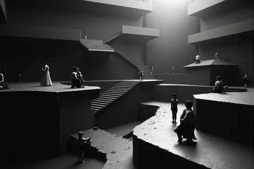 Prompt: @geQz6CN7apb7Ry2TXir0 Une scène complexe et surréaliste se déroule dans un labyrinthe d'escaliers et de plateformes, où la gravité semble se courber et se tordre. Des personnages statufiés sont disposés dans l'espace ; certains semblent franchir les escaliers avec détermination, tandis que d'autres sont assis, contemplatifs, semblant inconscients de l'architecture impossible qui les entoure. Les ombres contrastent fortement avec le travail des lignes, accentuant l'illusion de profondeur et de mouvement de cette oeuvre monochrome. L'environnement est principalement composé de formes géométriques imbriquées, entraînant le regard du spectateur dans une exploration vertigineuse de la perspective et des dimensions. Cette composition complexe évoque l'émerveillement et la curiosité, invitant à la contemplation de la réalité et de la perception dans un monde défiant toute logique.