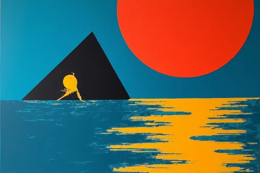 Prompt: Formes et couleurs vibrantes se rencontrent dans cette composition abstraite, où triangles et cercles audacieux se juxtaposent sur un fond bleu dynamique qui évoque profondeur et mouvement. Un soleil rouge vif domine le côté droit, diffusant une chaleur sur des formes humaines qui semblent danser sur la toile, tandis que des superpositions d'éléments géométriques créent rythme et tension. Des touches de jaune et de vert ajoutent de la complexité, suggérant une interaction entre lumière et forme, tandis que des formes sombres et superposées attirent le regard. L'ensemble est une exploration captivante de la modernité, pleine d'énergie et d'émotion, invitant le spectateur à interpréter son récit.@geQz6CN7apb7Ry2TXir0 