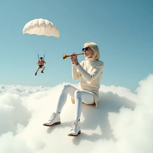 Prompt: @sOgZNUKmhQKEVR3C6PCK Une femme blonde au corps élancé et à la poitrine menue, vêtue d'une jupe blanche, d'un legging blanc, d'un sweater blanc, et chaussée de bottines blanches, jouant de la flûte, est assise sur nuage blanc dans le ciel azur.
Un parachutiste de couleur blanche passe tout près de la femme blonde.
Vibrant color scheme, intricate steampunk elements, white lighting, captivating ambiance, ultra-detailed, high quality, fashion, artistic flair. Style photographique. Full length three-quarter view.