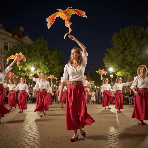 Prompt: @S8SqvLZ7GQGRap7DXz3P The image shows a group of people performing a dance in a square at night. The square is made of cobblestones and is surrounded by trees and buildings. In the background, there is a crowd of people watching the performance. The dancers are wearing traditional costumes and are holding colorful flags in their hands. The flags are in the shape of kites and are flying in the air. The sky is dark and the overall atmosphere is festive and lively.